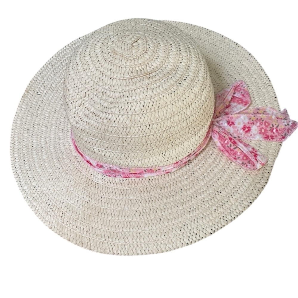 Round Straw Bucket Sun Tan Hat Pink Bow Summer Vacation Resort Beach Coastal OS